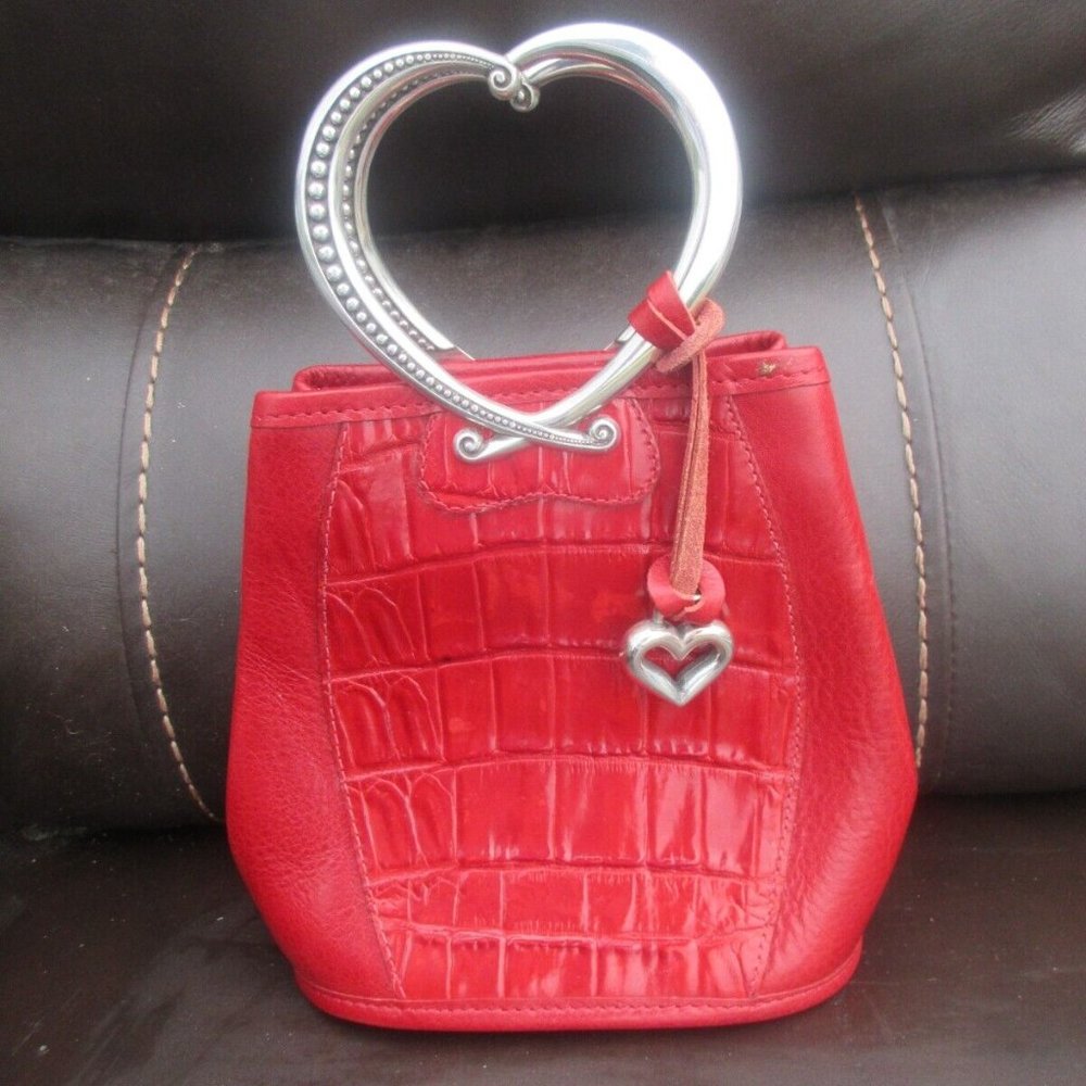 BRIGHTON RARE VTG Small Mini Heart Handle Red Leather Hand Bag Purse Bucket